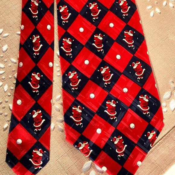 American Greetings Vintage Santa Golf Swing Print Silk Necktie - Picture 1 of 14